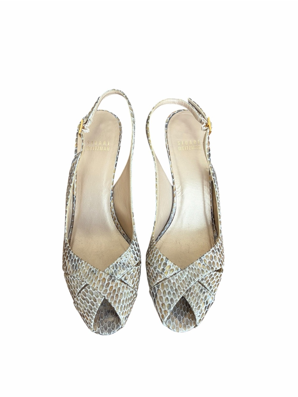 Stuart Weitzman Vintage Y2K Snakeskin Crystal Peep Toe Slingback Heels